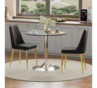 Ensemble de table à manger ronde de 85 cm en verre de sécurité avec 2 chaises enPolyuréthanenoir et or | Ensemble de salle à manger moderne pour la cuisine et la salle à manger | Ensemble de salle à m