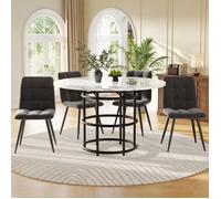 Ensemble de table à manger ronde - OEM - 5 pièces - Diamètre 100 cm - MDF imitation marbre - Chaises velours gris