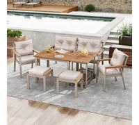 Ensemble de table à manger Zerboco, bois d'acacia, mobilier de jardin pour 6-7 personnes, avec fauteuils, chariot de service, housse amovible, beige, naturel