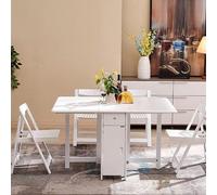 Ensemble de table à rallonges de style fermier en bois massif avec roulettes et 5 chaises ; îlot de cuisine compact avec tiroir, idéal pour les petits espaces