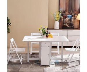 Ensemble de table à rallonges de style fermier en bois massif avec roulettes et 5 chaises ; îlot de cuisine compact avec tiroir, idéal pour les petits espaces