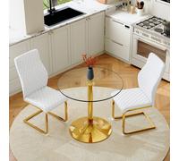 Ensemble de table composé de : - Table à manger de 85 cm, en verre de sécurité, avec pieds en métal doré. - 2 fauteuils en polyuréthane (PU), de couleur blanche et dorée, avec un motif en losanges, de