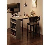 Ensemble de table de bar pour 2 personnes, composé de : une table extensible de 91,5 à 121,5 cm, 2 tabourets de bar et 3 étagères latérales. Couleur : gris. Style : industriel