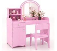 Ensemble de table de coiffure pour enfants en bois avec éclairage LED, deux couleurs, rose, comprenant des étagères, des compartiments et un ensemble de maquillage