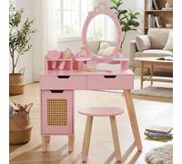 Ensemble de table de maquillage pour enfants, en bois, de couleur rose, avec tabouret et 7 accessoires