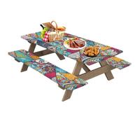 Ensemble de table de pique-nique avec housse de banc, housses de table de pique-nique avec élastique | Ensemble de 3 pièces de housse de table de pique-nique élastique pour l'extérieur, nappe de
