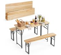 Ensemble de table et bancs de brasserie pliable COSTWAY, 3 pièces. Ensemble de table et bancs de brasserie en bois, 2 bancs et 1 table, ensemble pour chapiteau, ensemble pour brasserie en plein air, t