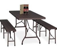Ensemble de table et bancs de brasserie pliable Relaxdays, ensemble de 3 pièces avec grande table, pour le jardin, style chapiteau, aspect bois, marron