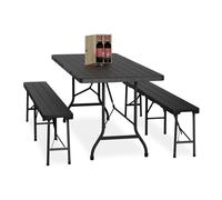 Ensemble de table et bancs de brasserie pliables Relaxdays, ensemble de 3 pièces avec grande table, pour le jardin, style chapiteau, aspect bois, noir