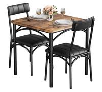 Ensemble de table et chaises, 3 pièces : une table avec 2 chaises. Petit ensemble de cuisine pour 2 personnes. Structure en métal et plateau en bois. Chaises rembourrées. Couleur : noir