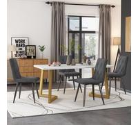 Ensemble de table et chaises – Coin repas – Table de cuisine – Ensemble de chaises – Tissu en lin sergé gris foncé – 117 x 68 cm – Pieds dorés