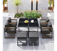 Ensemble de table et chaises d'extérieur 7 pièces pour 6 personnes, table en verre trempé, accoudoirs en plastique et en bois