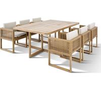 Ensemble de table et chaises d'extérieur BOCARNEA CUBO pour 6 personnes : 1 table rectangulaire + 6 chaises avec accoudoirs, en acacia à 100%, avec structure en acier thermolaqué, tressage plat, couss