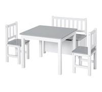 HOMCOM Ensemble de table et chaises enfant - set de 4 pièces - table, 2 chaises, banc coffre 2 en 1 - MDF pin blanc gris