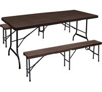 Ensemble de table et de deux bancs "Rita", 3 pièces, couleur marron, en plastique. Table de buffet, ensemble de jardin, table pliante, banc pliable, table de jardin