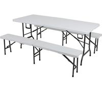 Ensemble de table et de deux bancs "Rita", 3 pièces, en plastique blanc. Idéal pour une tente de fête ou un usage extérieur. Table de buffet, ensemble de jardin, table pliante, banc pliable, table de