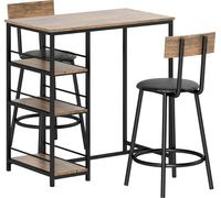Ensemble de table haute Moonbite, composé de : une table de cuisine avec trois étagères, deux tabourets de bar rembourrés en similicuir, et une structure en acier avec revêtement par poudre. Matériaux