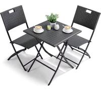 Ensemble de table pliante d'extérieur 3 pièces – Ensemble balcon et bistrot – 2 chaises pliantes et table – Rattan PE et structure en acier – Pour le jardin, le balcon et le camping – Gris foncé