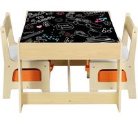 Ensemble de table pour enfant composé de 3 éléments : une table, 2 chaises et un espace de rangement. Couleur : blanc/imitation bois/orange. Dimensions : 62 x 61,5 x 48 cm