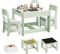 Ensemble de table pour enfant composé de 3 pièces : une table, 2 chaises et un espace de rangement. Couleur : vert et blanc. Dimensions : 62 x 61,5 x 48 cm