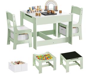 Ensemble de table pour enfant composé de 3 pièces : une table, 2 chaises et un espace de rangement. Couleur : vert et blanc. Dimensions : 62 x 61,5 x 48 cm