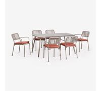 Ensemble de table rectangulaire 160x90 cm et 6 chaises de salle à manger empilables en corde tressée Arhiza Marron moka - Terracotta