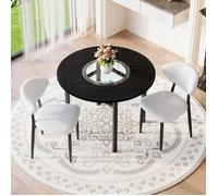 Ensemble de table ronde - 100 cm - Verre trempé - 2 fauteuils blancs - Aspect bois noir
