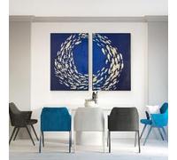 Ensemble de tableaux représentant un banc de poissons, art mural abstrait bleu marine et or, impressions sur toile acrylique, décoration océanique pour salon (80 x 120 cm x 2 / cadre intérieur)