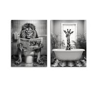 Ensemble de tableaux sur toile STYLER Fun 2x 32x42 cm (PRÊT À ACCROCHER) - Lion aux toilettes et girafe dans la baignoire - Décoration amusante de salle de bain - Noir et blanc