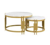 Ensemble de tables basses modulaires, finition marbre, structure métallique dorée, deux tailles de tables rondes