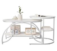 Ensemble de tables de salon 2 pièces - Tables basses ovales - Tables gigognes - Modèle à deux niveaux - Pieds réglables en hauteur - Structure en métal - Blanc