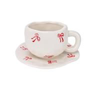 Ensemble de tasse à café en céramique Koythin avec sous-tasse - Tasse mignonne et créative avec arc - Design unique et irrégulier pour le bureau et la maison - 300 ml pour le lait, le thé et le latte