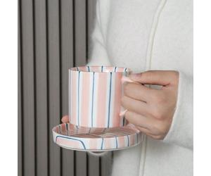 Ensemble de tasse et soucoupe en céramique rayée nordique 1set, ensemble de tasse à mesurer de style Ins, tasse à boire ménagère, ensemble de tasse et soucoupe délicates Taille Unique,plaque,une seule
