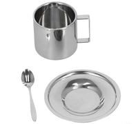 Ensemble de tasses à café à double paroi isolant en acier inoxydable 304 avec soucoupe et cuillère argent design moderne pour café, thé, lait au bureau ou au café 7,5 x 8 cm