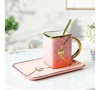 Ensemble de tasses à café en céramique avec soucoupes et cuillères, 310 ml, tasses à cappuccino, moka, cadeau pour mère, amie, anniversaire, Saint-Valentin (rose)