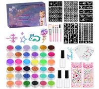 Ensemble de tatouages à paillettes pour enfants, ensemble de tatouages à paillettes 36 couleurs avec 30 autocollants lumineux dessin animé, Art corporel fête facile pour les enfants