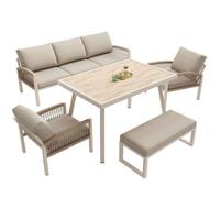 Ensemble de terrasse complet 7 places, canapé, 2 fauteuils, banquette, table verre, coussins épais 8 cm lavable SALON BAS DE JARDIN