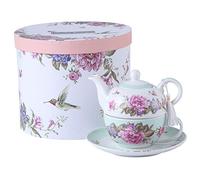 Ensemble de théière, Tasse et Soucoupe en Porcelaine pour Une Personne à Motif Floral boîte Cadeau, Bleu Sarcelle