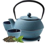 Ensemble de théières en fonte Unyqoos® – Service à thé japonais, théière de 1,1 litre avec filtre en acier inoxydable, 2 tasses de 120 ml, sous-verres de Ø 13,5 cm, couleur bleu "Arare", boîte cadeau