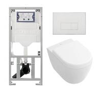 Ensemble de toilettes compactes à chasse directe de villeroy and boch avec réservoir de chasse geberit et softclose avec siège à fermeture rapide et plaque de commande avec boutons rectangulaires blan