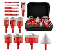 Ensemble de trépans diamant 13 pièces pour carrelage, grès cérame, céramique, marbre, de 6 à 65 mm + trépan chanfreinant + fraise conique + trépan en carbure de tungstène