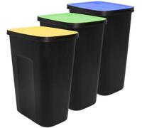 Ensemble de tri des déchets Unyqoos® composé de 3 bacs de 35 litres chacun, en plastique, avec couvercles rabattables de couleur jaune et bleue – pour un tri efficace des déchets dans la cuisine, le g