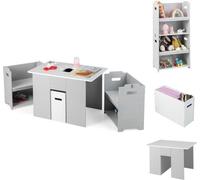 Ensemble de trois sièges pour enfants - Gris, en MDF - Table d'activités avec espace de rangement et deux chaises