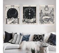 Ensemble de trois tapisseries de tarot Ibenzoa® – Coton et lin noir et blanc, motifs soleil, lune et étoiles, bords cousus à la main, œillets en acier inoxydable et chevilles de fixation