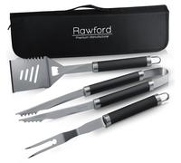 Ensemble de trois ustensiles de barbecue comprenant une spatule de cuisine, une pince et une fourchette à viande, en métal