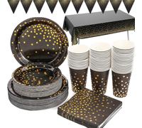 Ensemble de vaisselle de fête noir et or, comprenant 99 pièces pour 24 personnes, avec assiettes, gobelets, serviettes, nappe et bannière