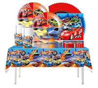 Ensemble de vaisselle de table de 61 pièces sur le thème des courses Hot Wheels, idéal pour les fêtes d'anniversaire d'enfants, avec des décorations sur le thème des courses
