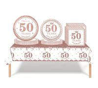 Ensemble de vaisselle jetable 53 pièces or rose pour fête d'anniversaire 50 ans - Nappe en plastique, assiettes en carton, serviettes, kit de vaisselle jetable pour 50e anniversaire de femme