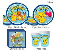 Ensemble de vaisselle jetable pour fête Pokémon, assiette, gobelet, serviette, paille, nappe pour décorations de fête d'anniversaire Pikachu set B - 50pcs