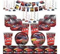 Ensemble de vaisselle jetable sur le thème de Red McQueen Racing, décoration de gâteau, bannière de fête, pailles en papier, gobelets, assiettes, nappe en papier 24pcs cake topper